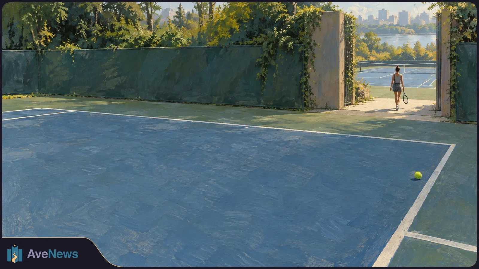 A painted tennis court with a ball near the sideline; a distant player carrying a racket walks toward another court, with trees and water beyond. SI illustration