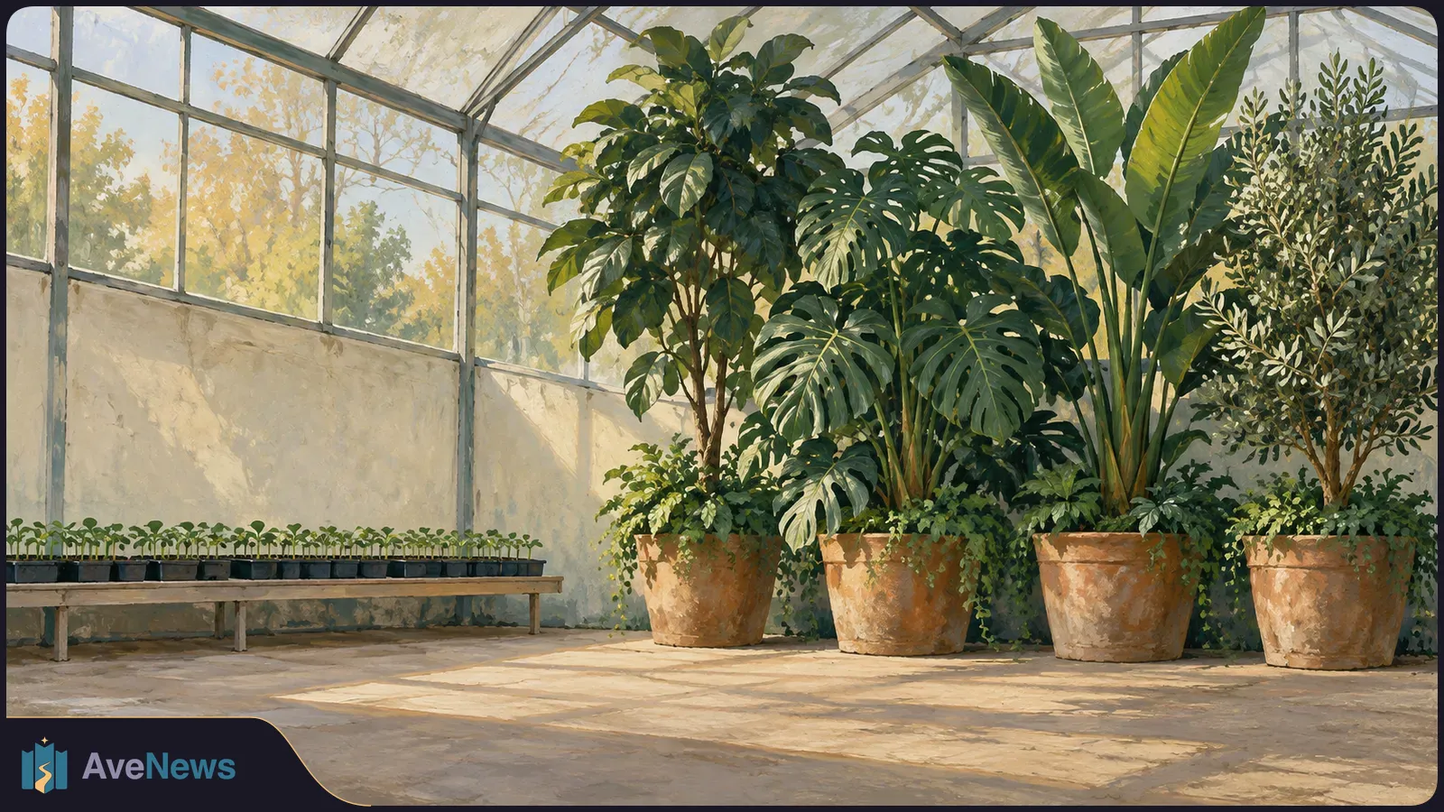 Small seedlings line a bench beside four large potted plants in a sunlit greenhouse. SI illustration