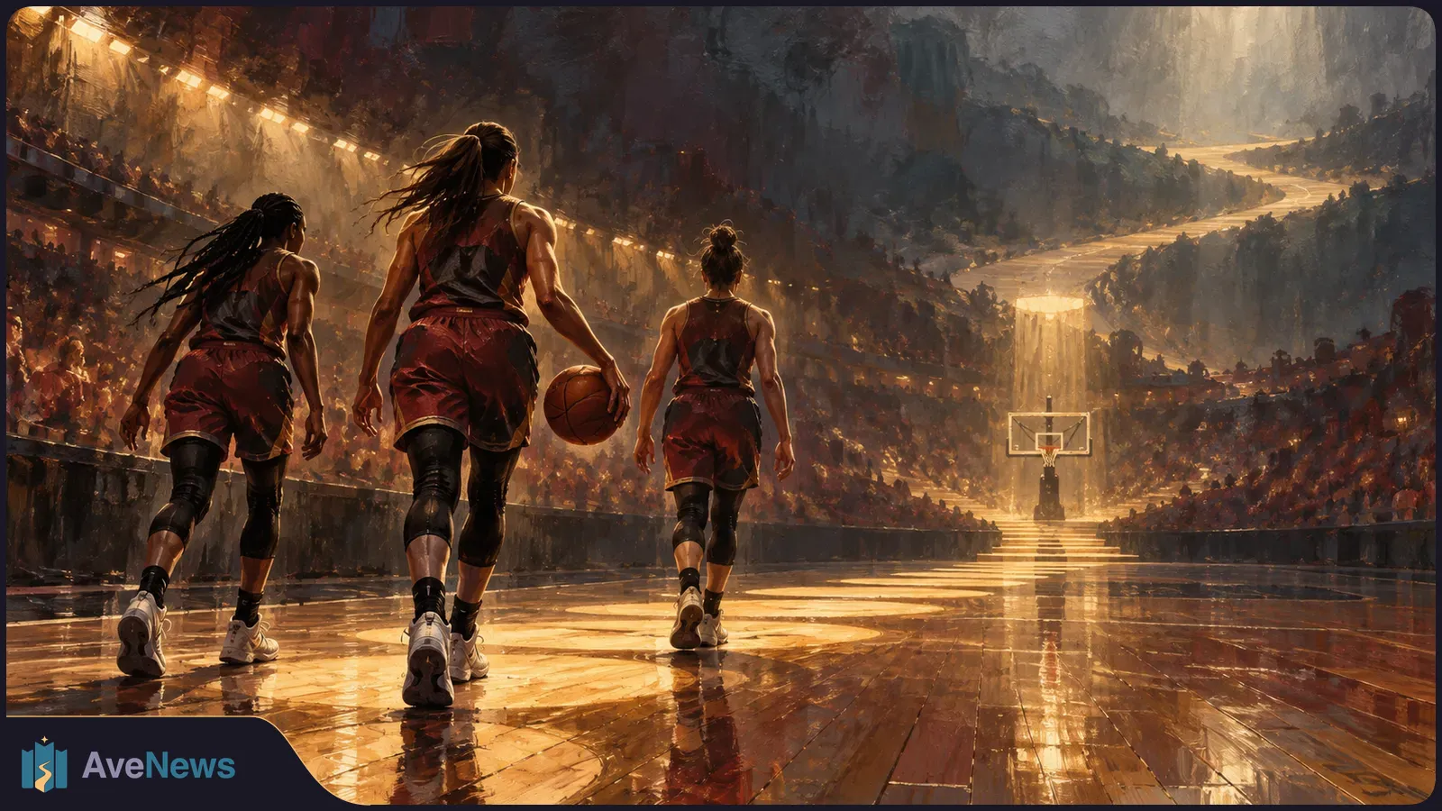 Three women in dark red basketball uniforms walk across a glossy court toward a hoop. The middle player carries a ball, with crowded stands and warm lights behind them. SI illustration