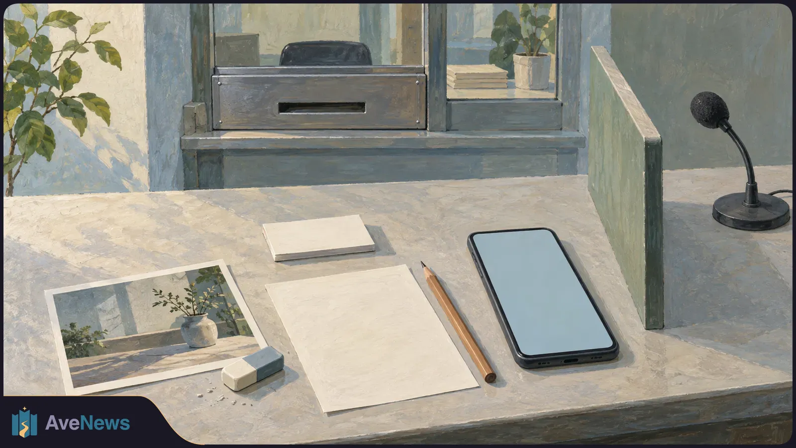 Painted desk scene with a blank-screen smartphone, blank paper, pencil, eraser and a picture of a potted plant; a microphone and service window sit behind them. SI illustration