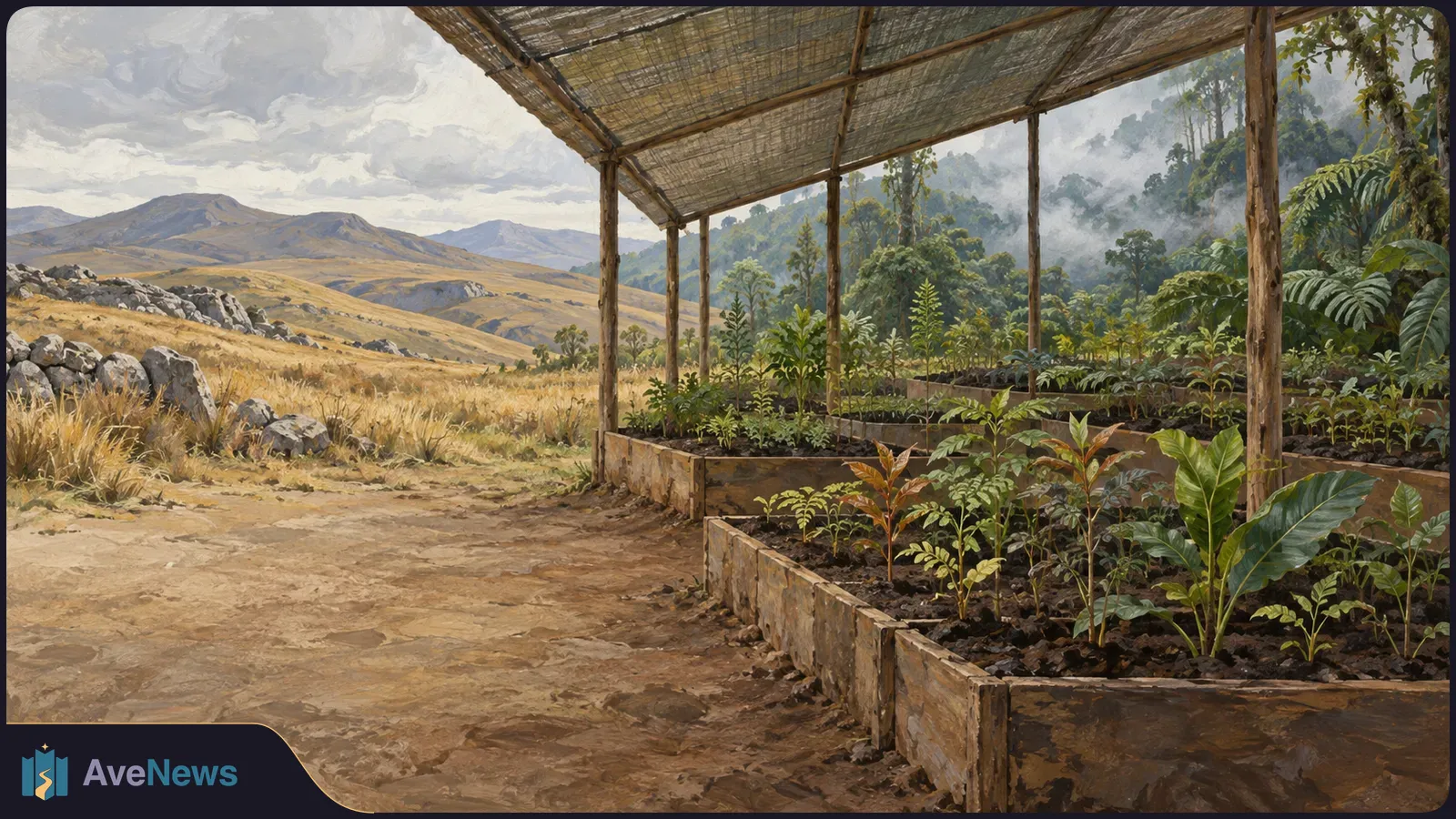 Painted landscape with rows of seedlings in wooden beds beneath a woven shade roof, beside dry grassland and misty forested hills. SI illustration