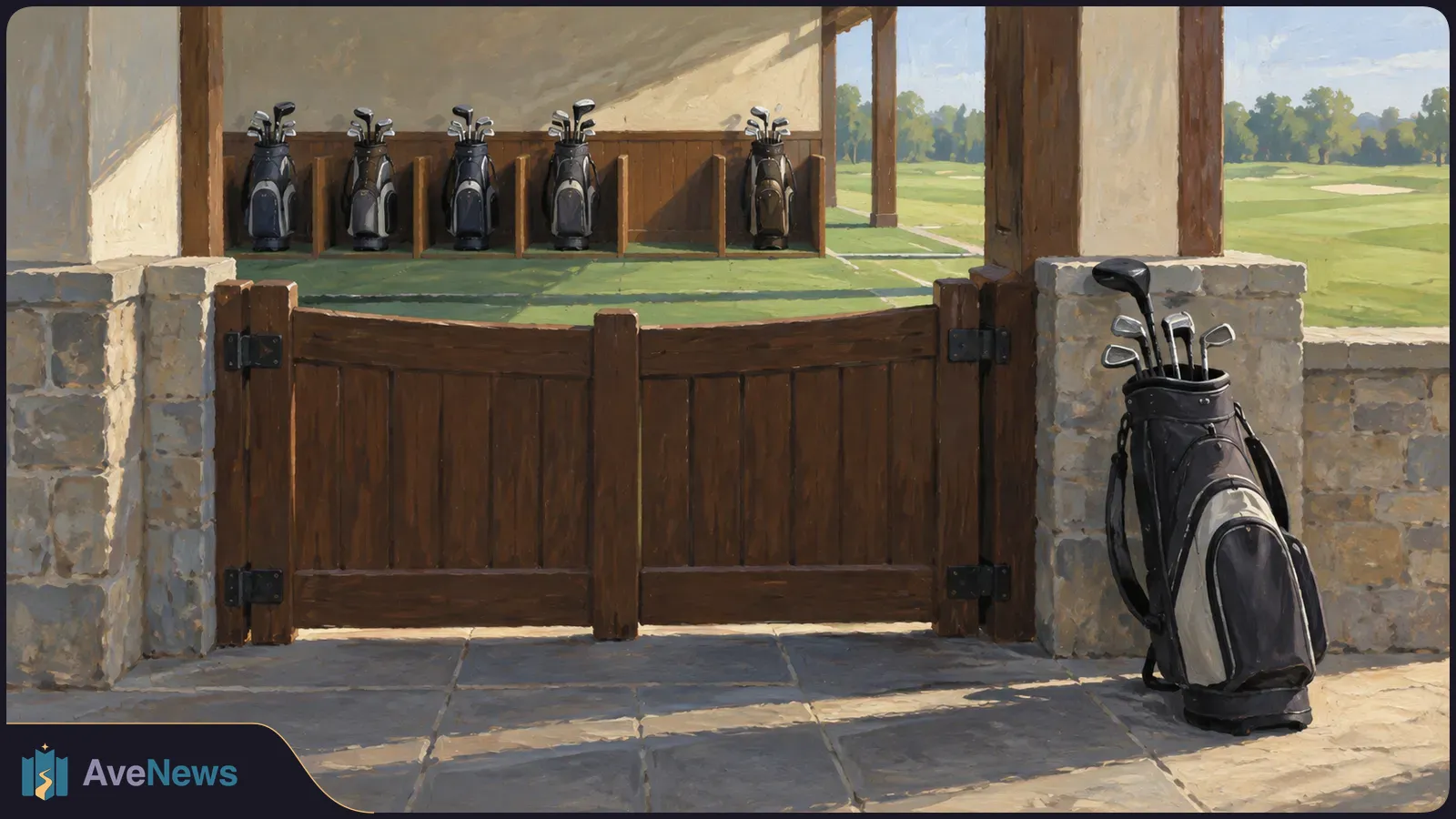 Painted golf practice area with a closed wooden gate, one golf bag in front, five bags lined up behind it, and a green course in the distance. SI illustration