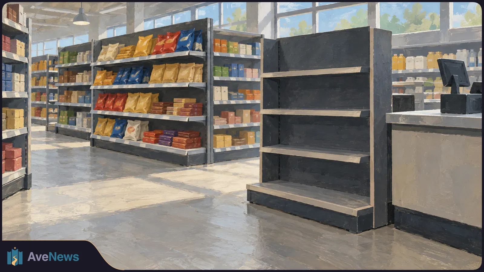 Painted supermarket aisle with packaged foods on stocked shelves and an empty display shelf beside the checkout. SI illustration