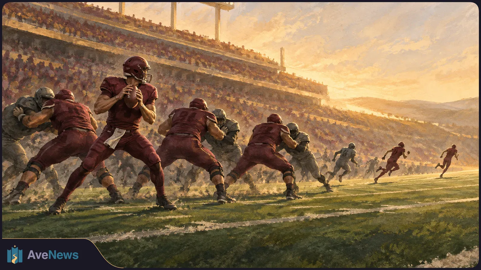 Painted football game at sunset: a maroon-clad quarterback holds the ball behind blockers facing gray-uniformed defenders, with a crowded stadium behind them. SI illustration