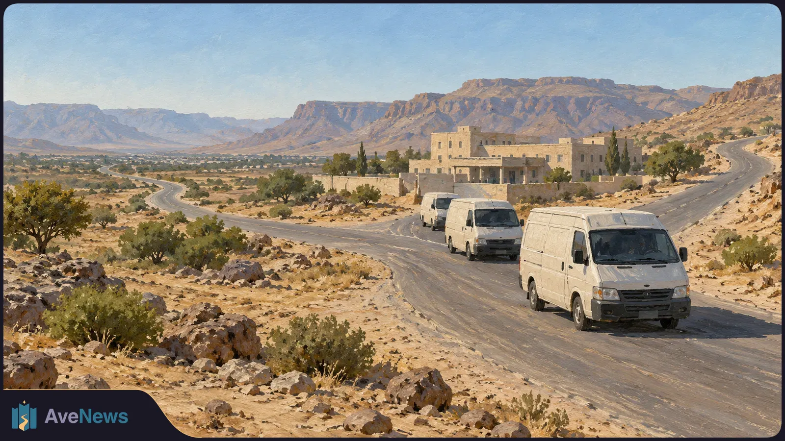 Three white vans travel along a winding road through a rocky, shrub-dotted desert, with a pale building and mountains in the background. SI illustration