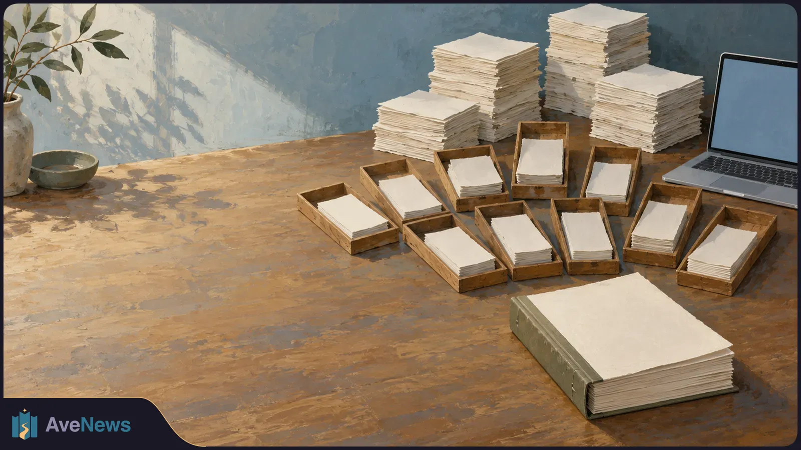 Painterly illustration of blank paper stacks and wooden sorting trays on a table, with an open laptop at right and a leafy vase at left. SI illustration