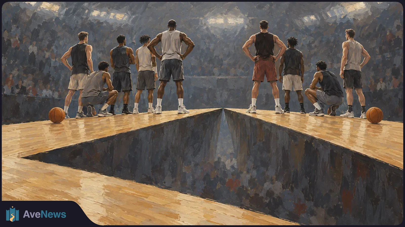 Painterly illustration of basketball players seen from behind on a wooden court, with basketballs at either side and a crowd in the stands. SI illustration