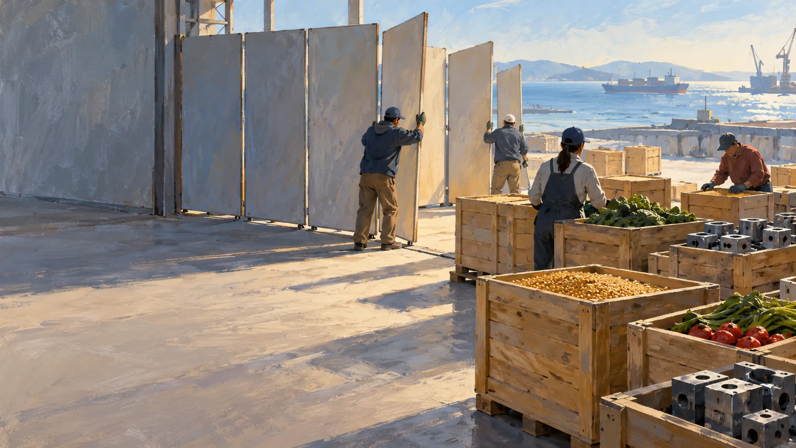 Workers move large panels and handle wooden crates of produce and metal parts in a waterfront warehouse, with a cargo ship offshore. SI illustration
