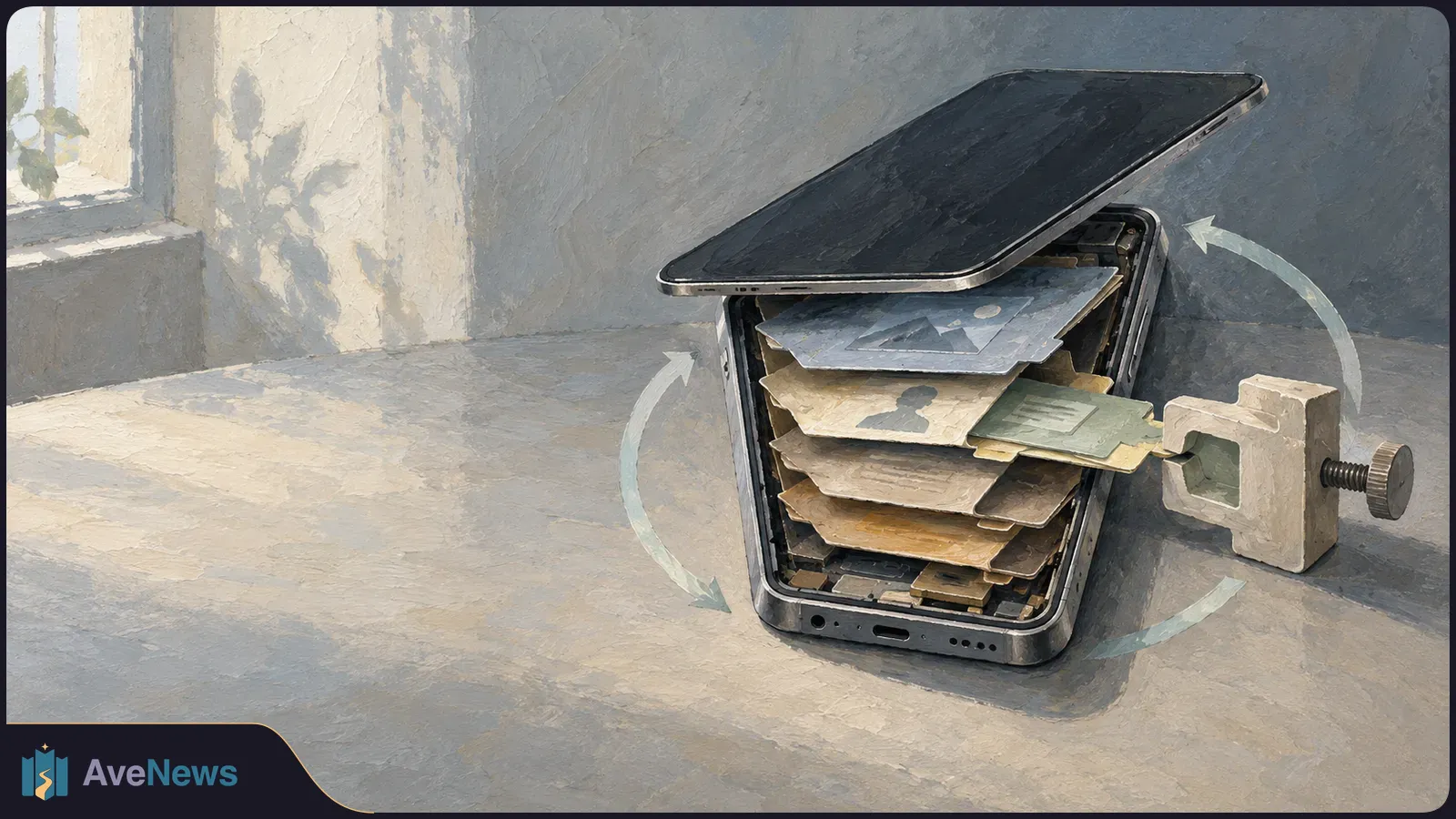 Painterly illustration of an open smartphone filled with layered paper files, with a clamp beside it and circular arrows around it on a sunlit tabletop. SI illustration