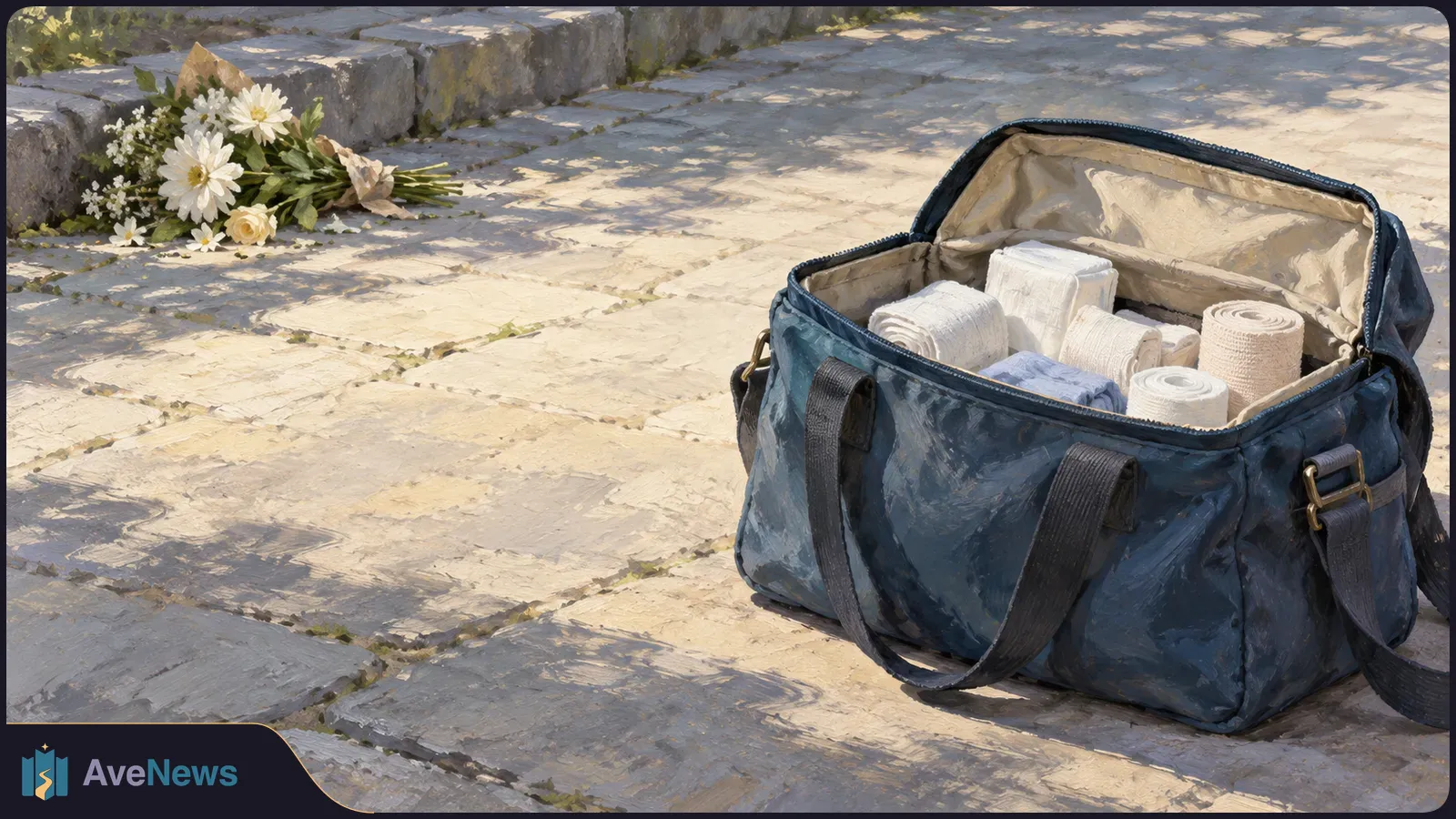 An open dark blue bag filled with rolled bandages sits on a sunlit stone pavement; a bouquet of white flowers lies near the curb. SI illustration