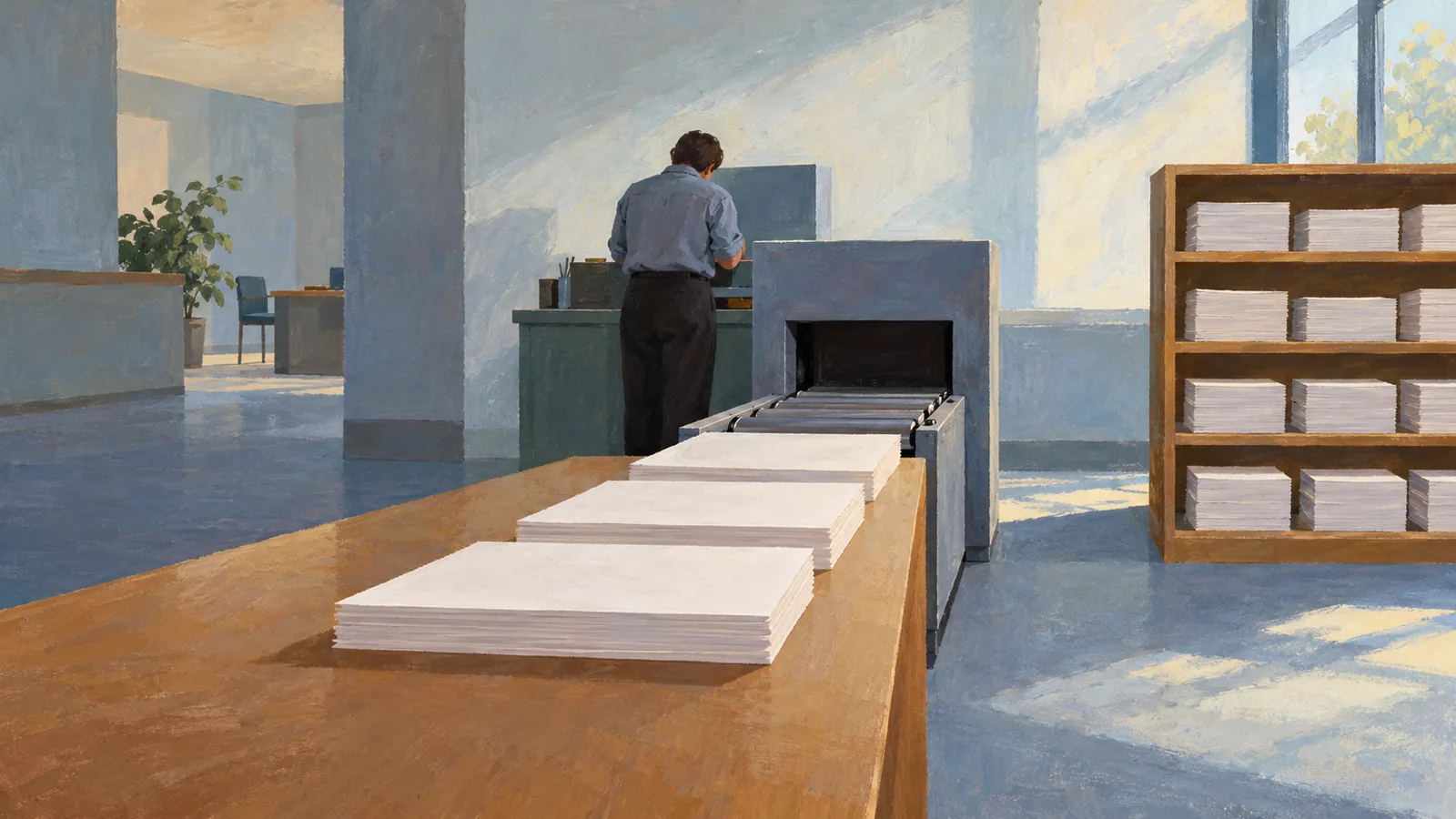 Illustration of a man facing a desk in a sunlit room, with stacks of paper on a table and shelves beside a large machine. SI illustration