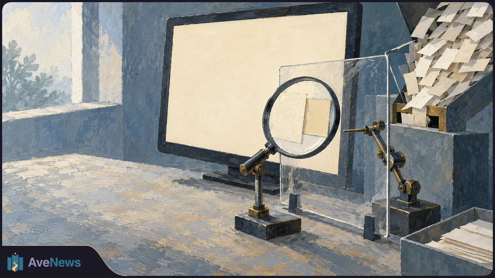 Painted scene of a blank monitor, a magnifying glass over two blank paper slips, and stacks of paper beside a machine. SI illustration