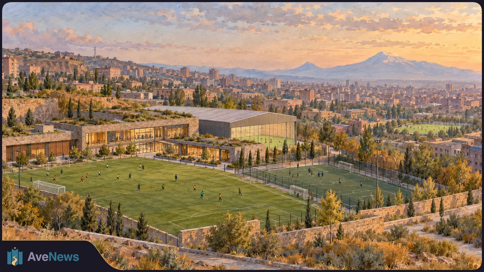 Painted panorama of a modern football complex with players on fenced pitches and a large indoor hall, overlooking a city and snow-capped mountains at sunset. SI illustration
