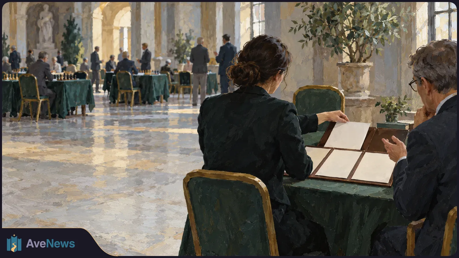 Painterly view of a bright hall with chess games at several tables. In the foreground, two people sit beside an open folder of blank pages. SI illustration