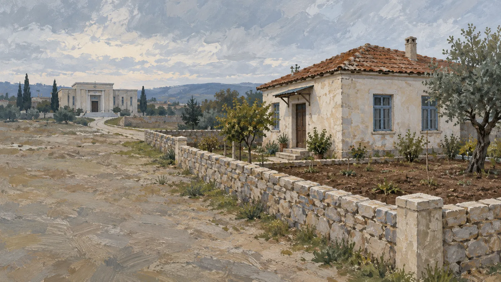 A painting of a tiled-roof house and garden behind a stone wall, with a winding road leading to a large building in the distance. SI illustration