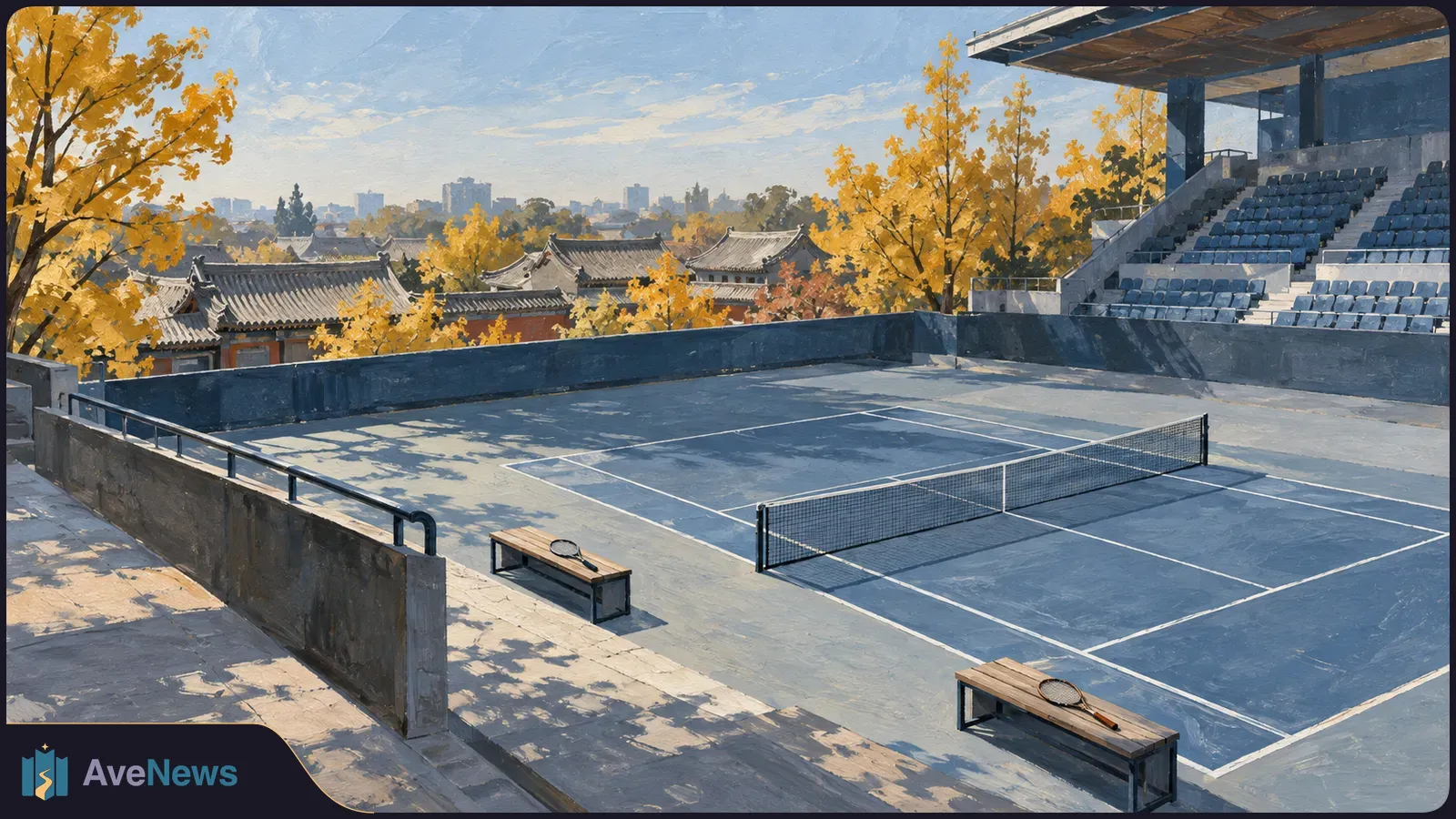 Painted empty tennis court with a net, two rackets on benches, stadium seats, golden autumn trees and tiled rooftops beyond. SI illustration