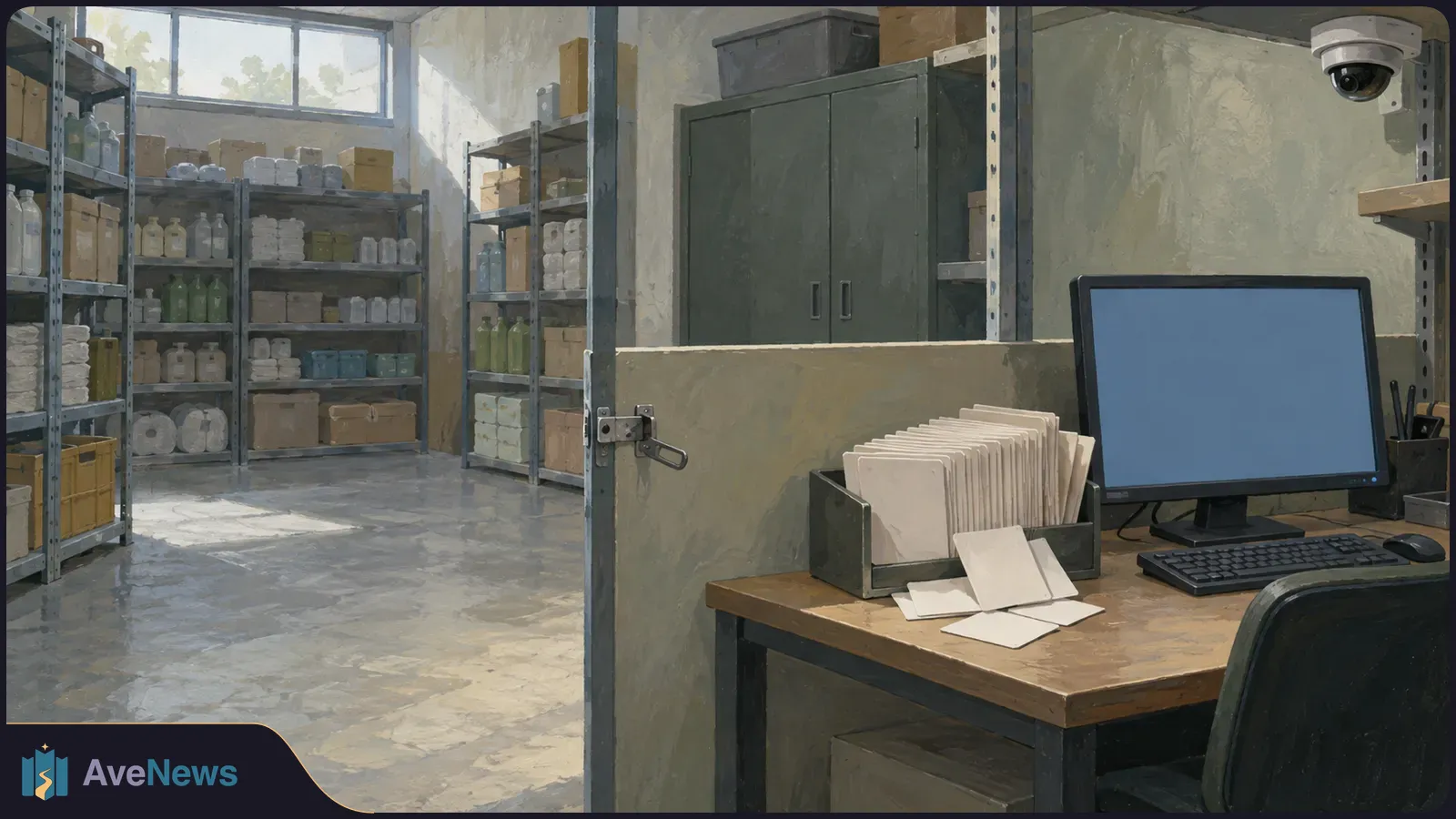 Painted storeroom with shelves of bottles and boxes. A desk holds folders and a computer with a blank blue screen; a security camera is mounted above. SI illustration