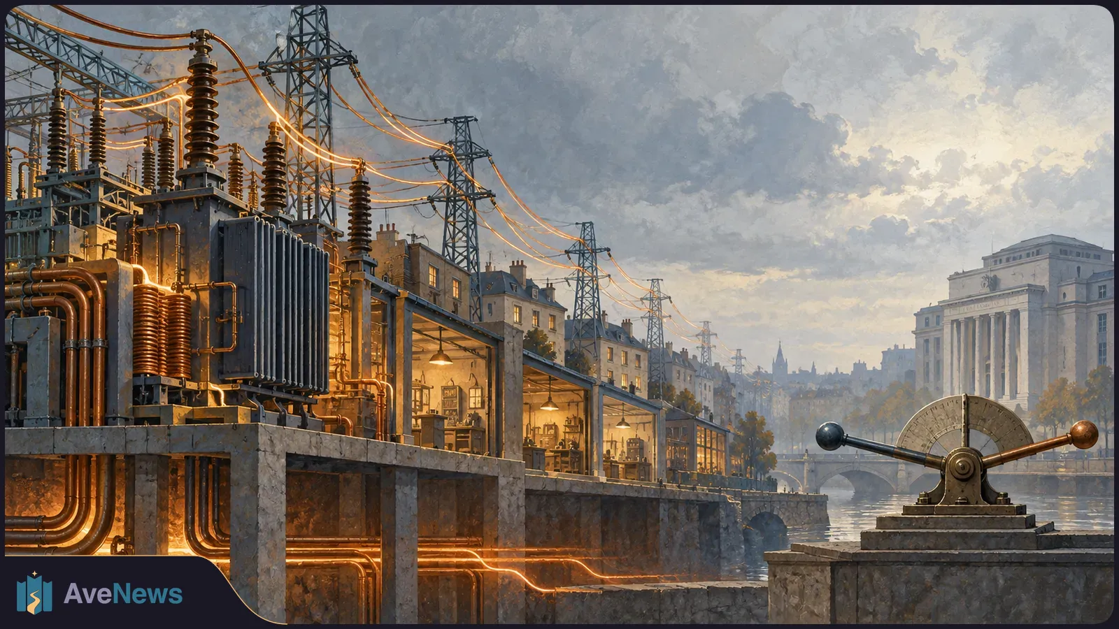 Painted riverside electrical substation with transformers and glowing orange power lines stretching toward a city under a cloudy sky. SI illustration