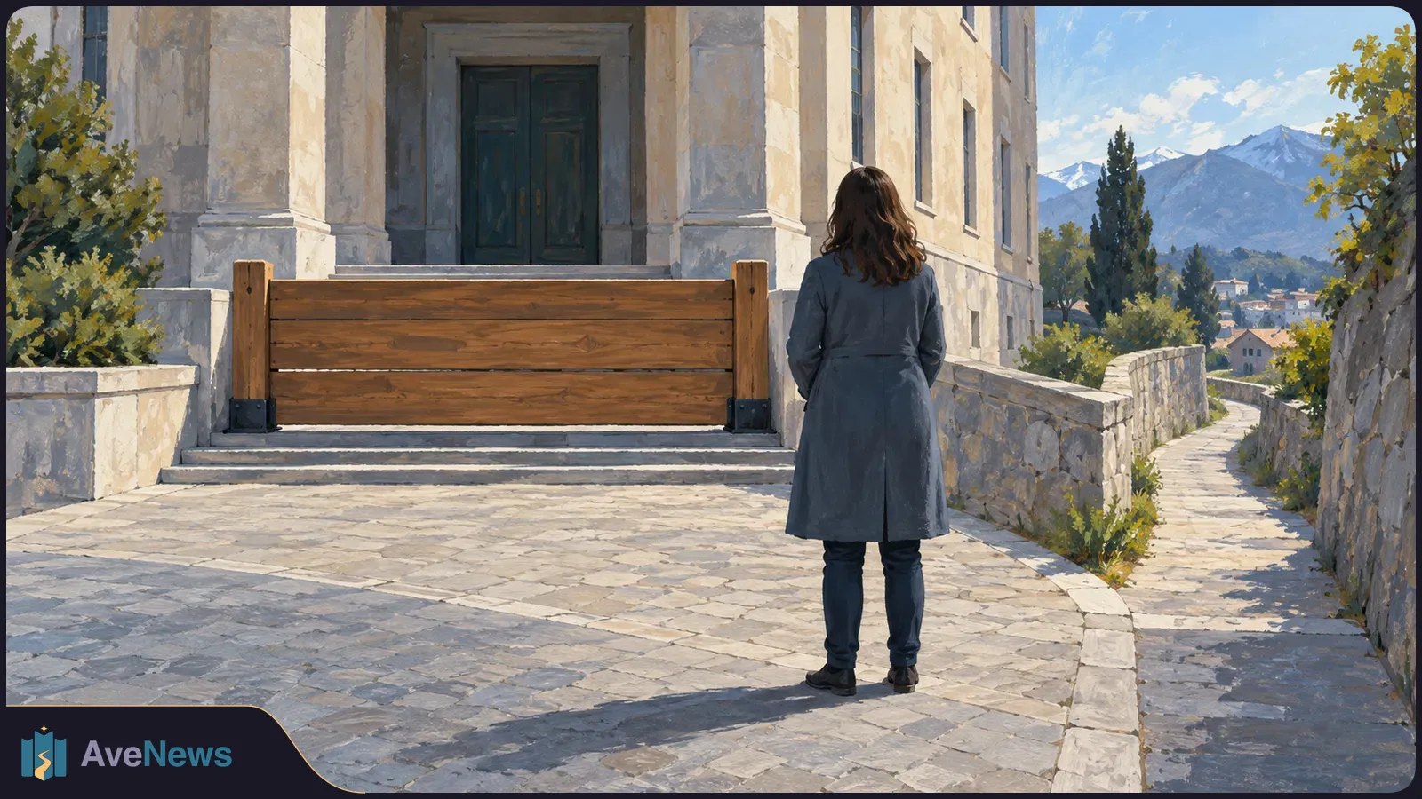 A woman seen from behind stands on a stone path facing a wooden barrier across the steps of a large stone building; mountains rise in the background. SI illustration