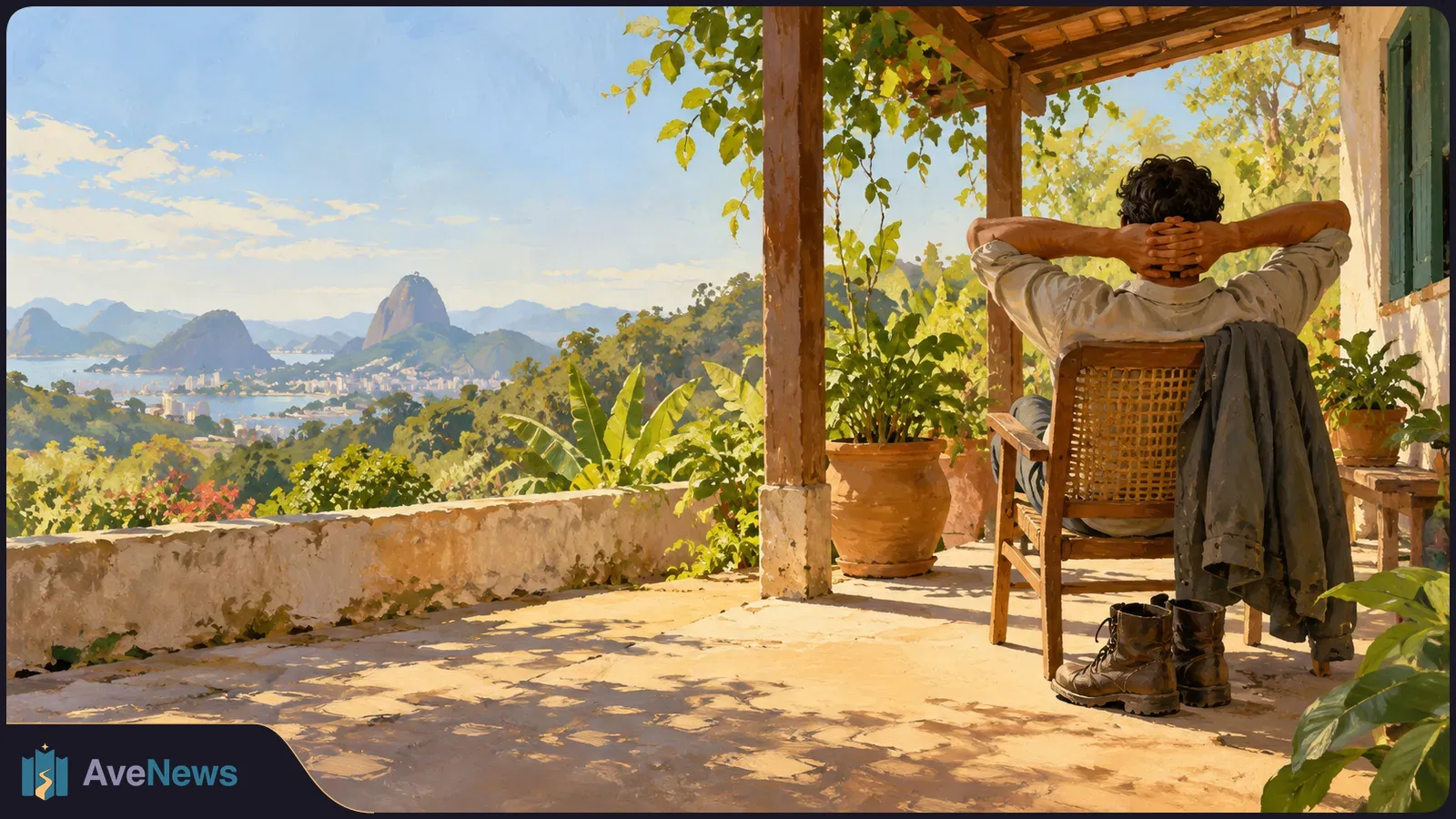 A painted scene of a person reclining on a shaded terrace, looking toward a coastal city and mountains. A jacket hangs on the chair, with boots on the floor nearby. SI illustration