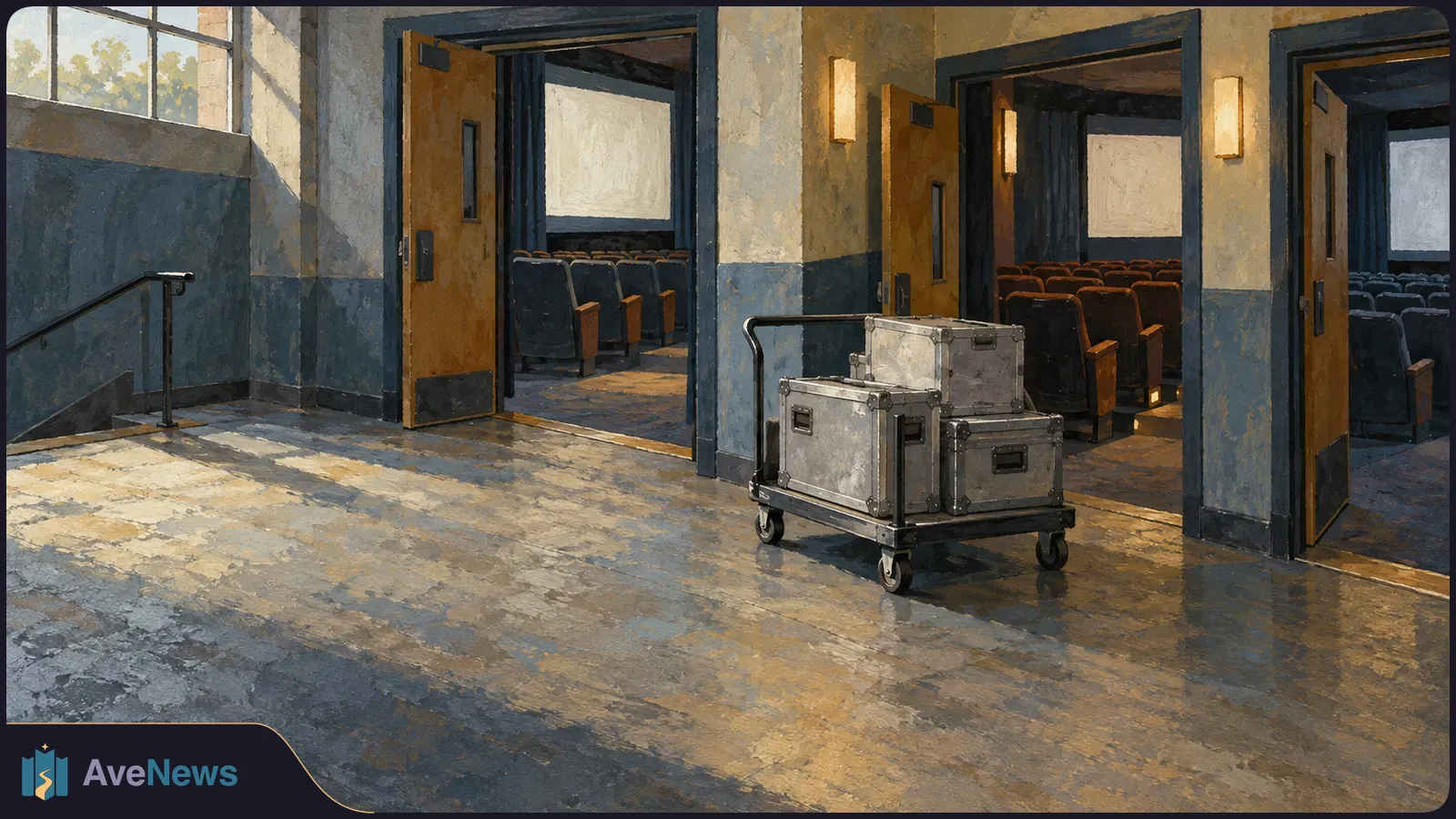 Painted cinema corridor with open doors to three screening rooms and a cart stacked with metal equipment cases. SI illustration