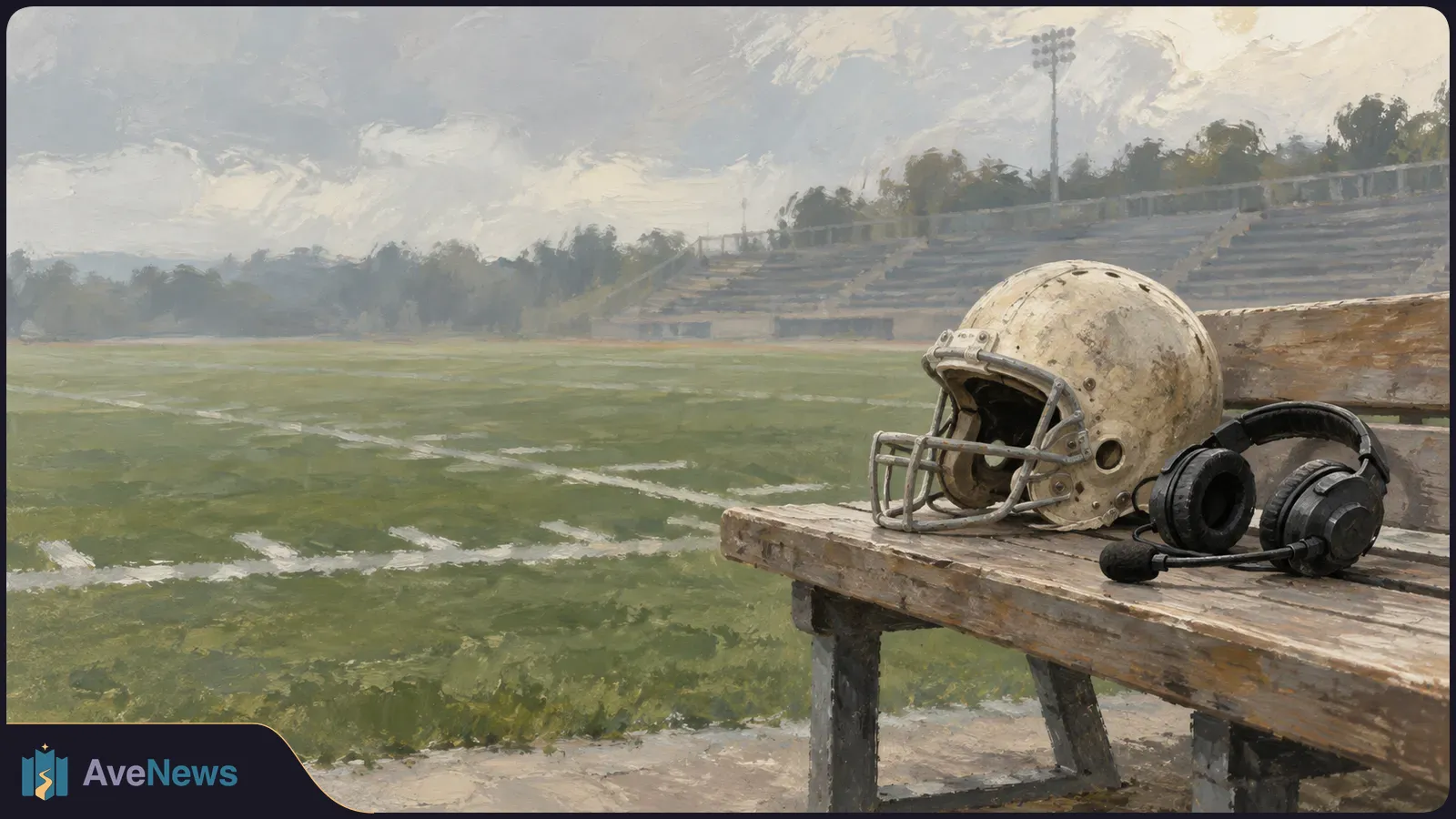 A football helmet and broadcast headset rest on a wooden bench beside an empty field and stadium stands under a cloudy sky. SI illustration