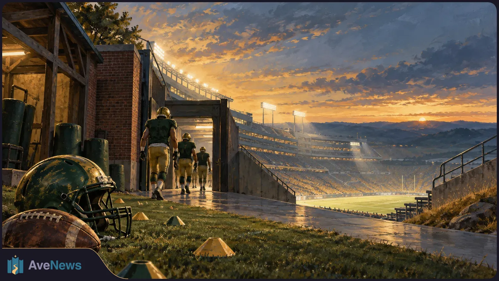 Illustration of football players in green and gold walking toward a floodlit stadium at sunset, with a helmet and football in the foreground. SI illustration