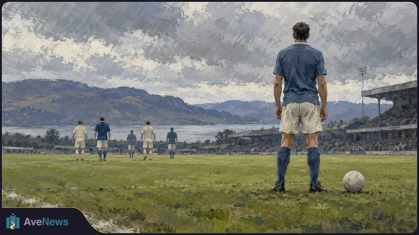 Painted football scene: a player in blue stands beside a ball as other players walk across the pitch, with stands, hills and a cloudy sky behind them. SI illustration