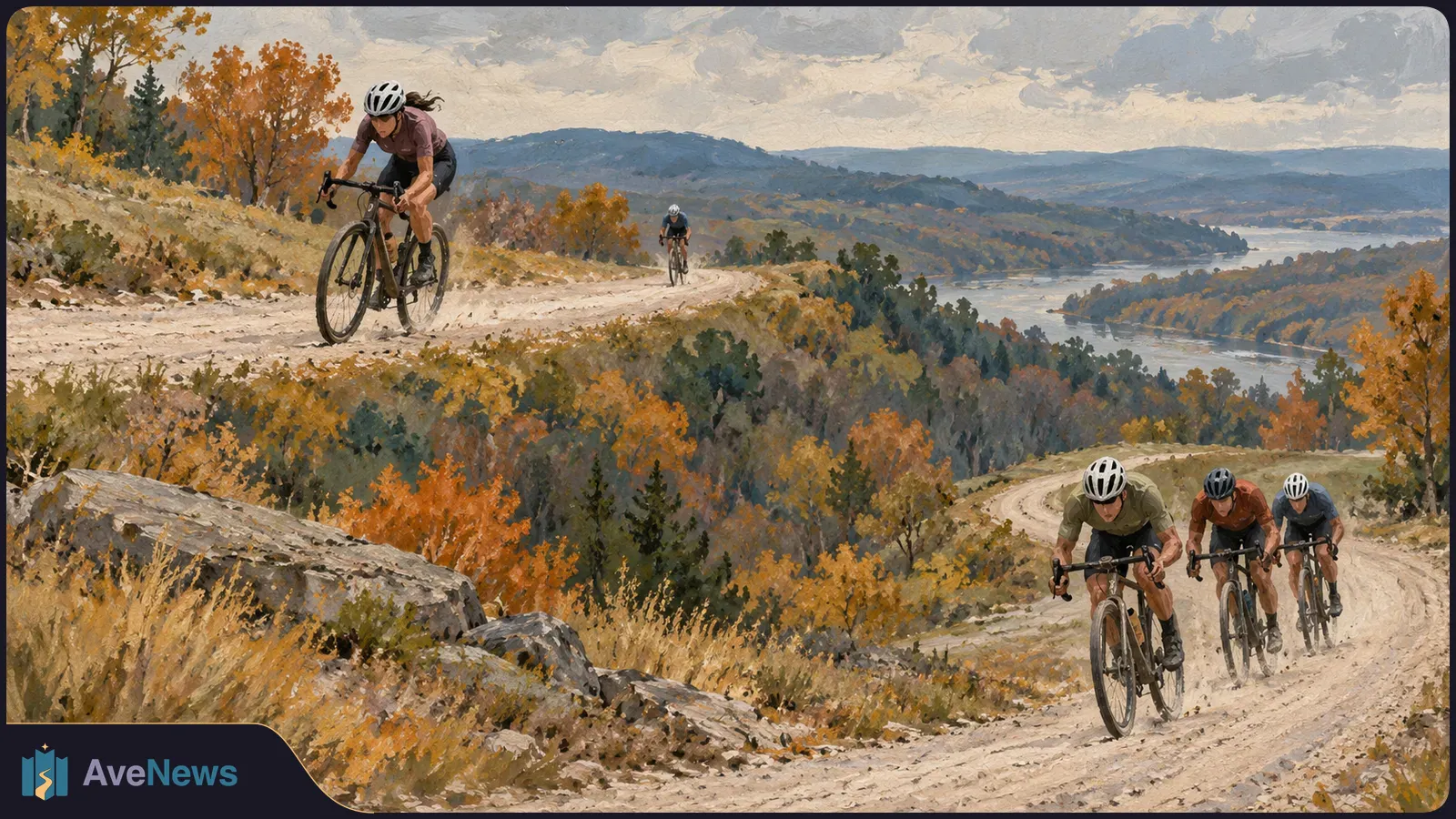 Painterly scene of five helmeted cyclists riding gravel roads through autumn-colored hills above a winding river. SI illustration
