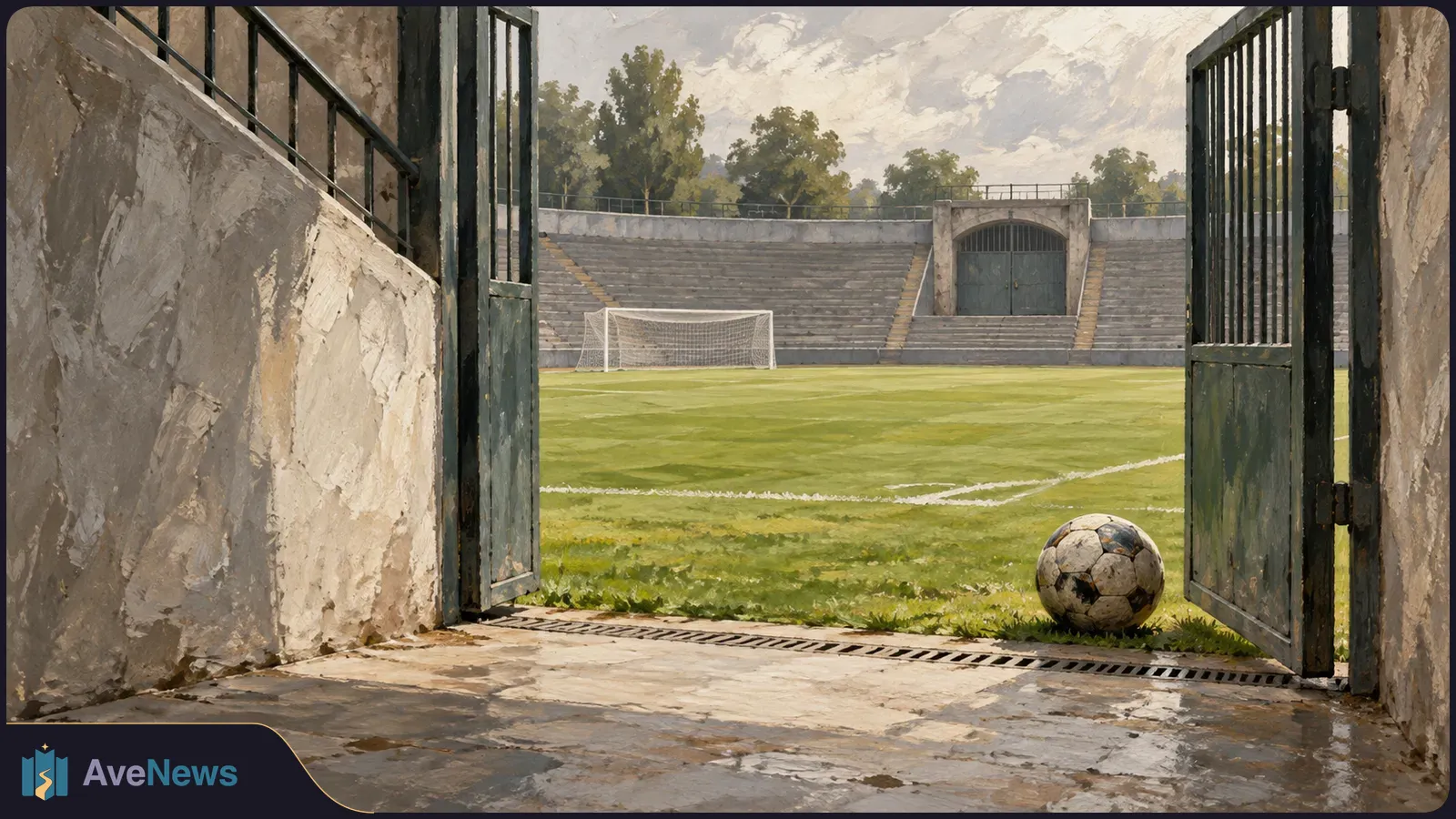 A worn football rests beside open gates leading onto an empty pitch, with a goal and concrete stands beyond. SI illustration
