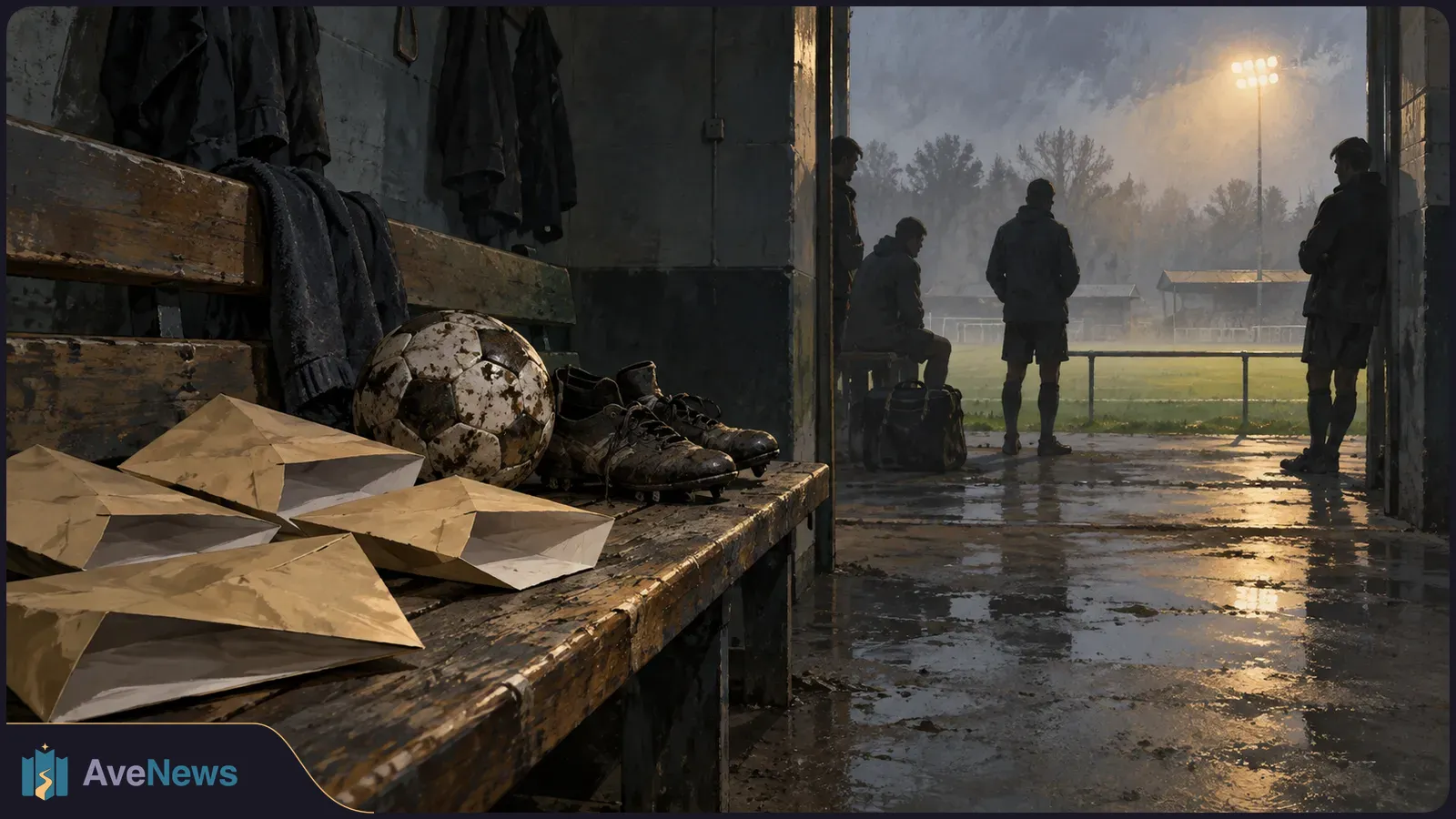 Open brown envelopes, a worn football and muddy boots lie on a bench in a dim changing room. Four silhouetted figures face a floodlit football pitch. SI illustration