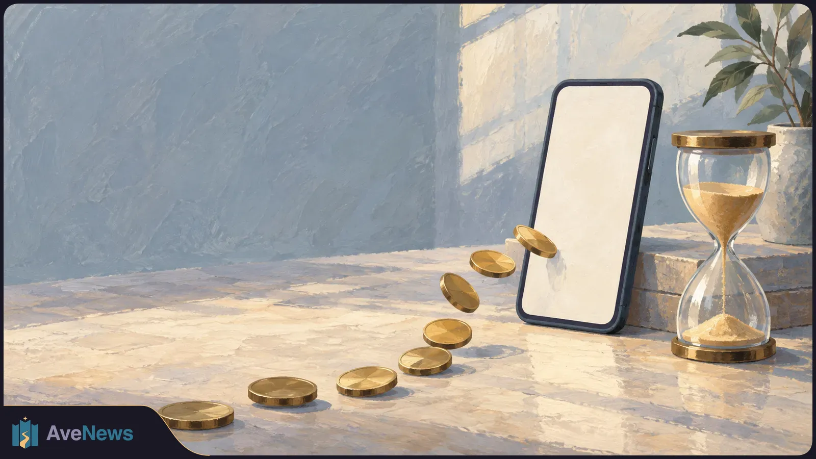 A painted scene of gold coins leading toward a blank smartphone beside an hourglass, with a potted plant behind them. SI illustration