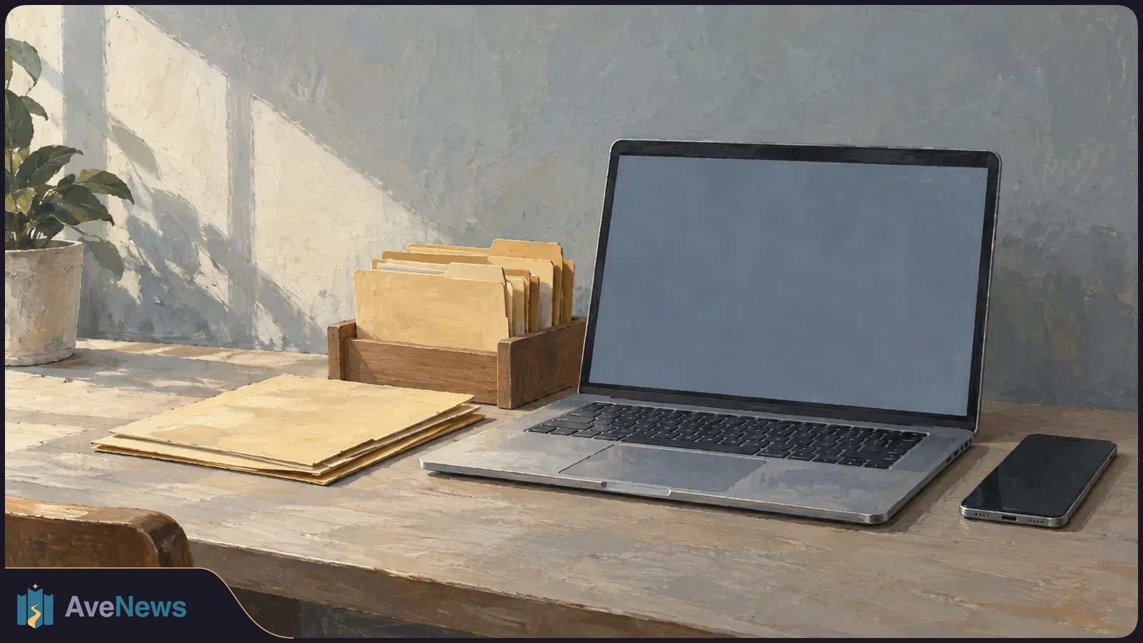 Painted desk scene with a laptop showing a blank gray screen, a dark phone, folders in a wooden box, loose folders, and a potted plant. SI illustration