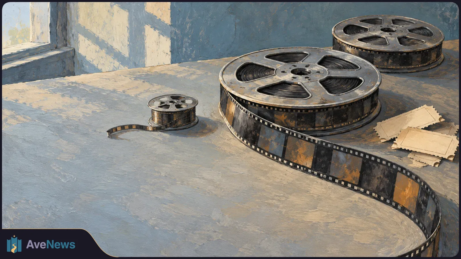 Painted scene of three film reels on a table by a window, with a filmstrip curling across the foreground and two blank ticket stubs nearby. SI illustration