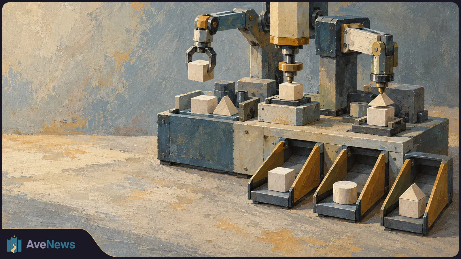 Painterly illustration of robotic arms above pale geometric blocks on a machine, with a cube, cylinder and pointed block on three sloped trays. SI illustration