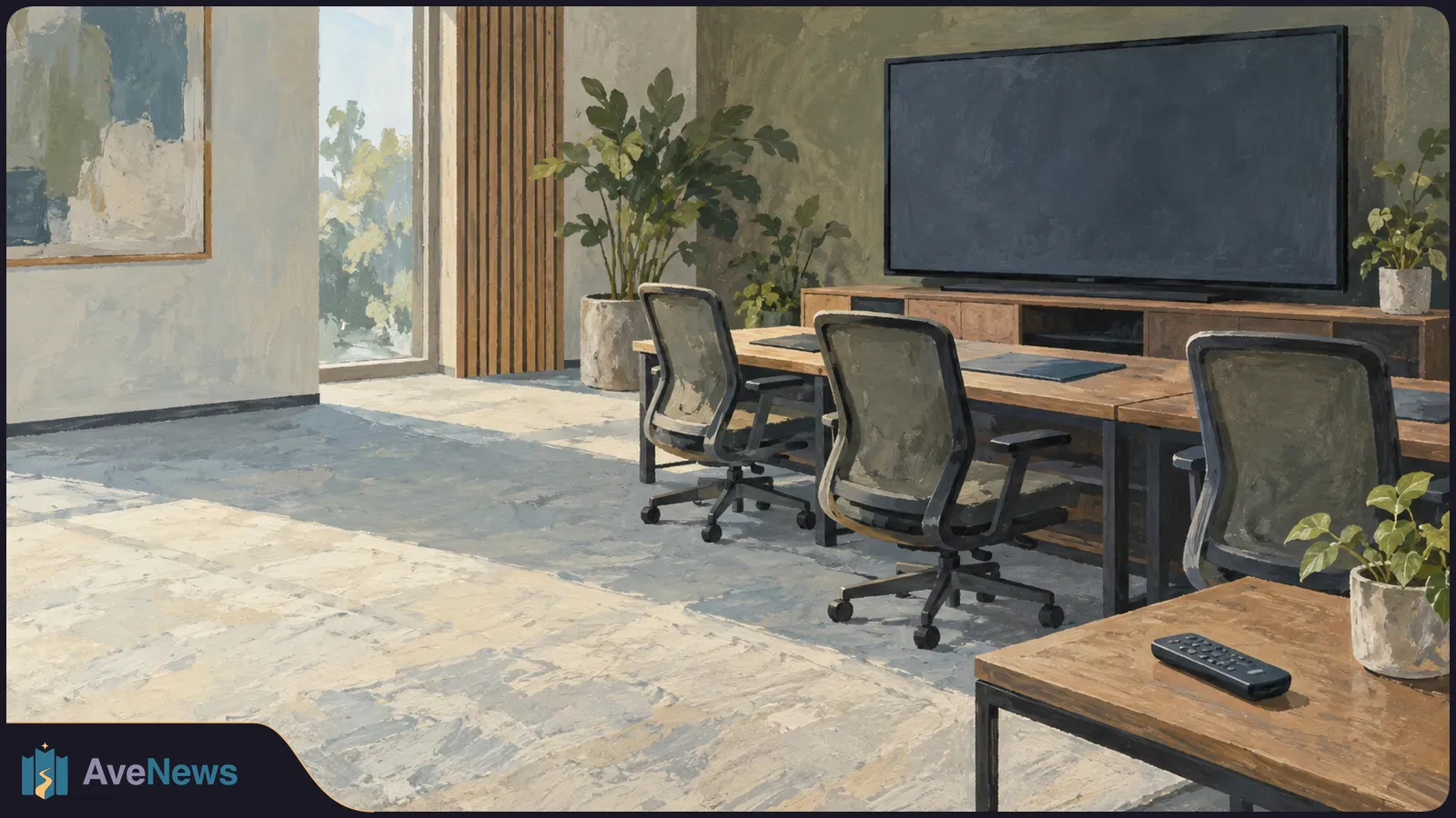 Painterly illustration of an empty meeting room with three rolling chairs, a long table, a blank TV, potted plants and a remote on a foreground table. SI illustration