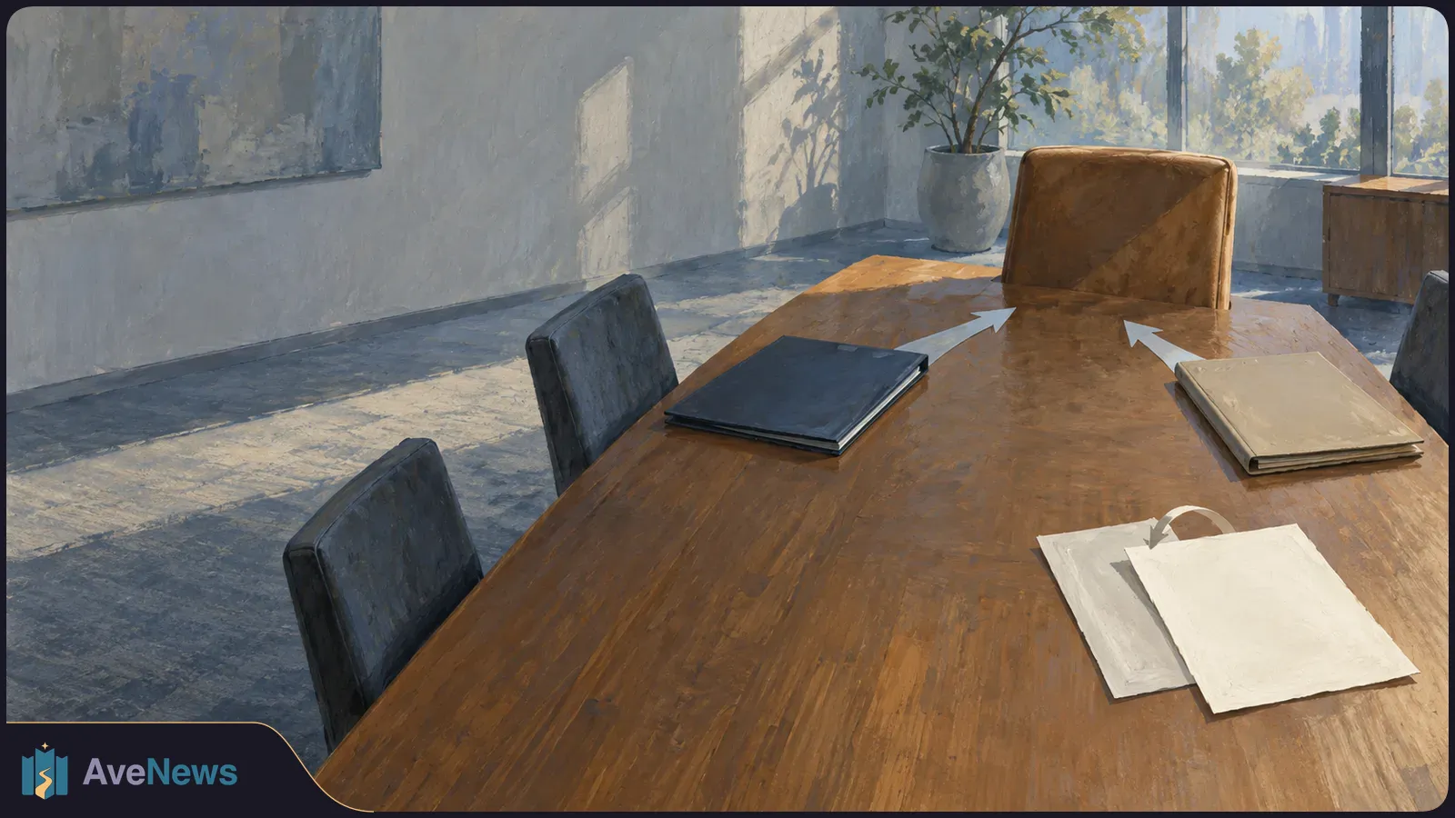 Painted boardroom scene with two closed folders on a wooden table, white arrows pointing toward an empty chair, and blank papers in the foreground. SI illustration