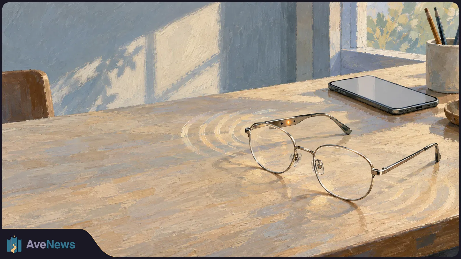 Painterly illustration of metal-framed glasses with a glowing light and curved lines around them, resting on a sunlit desk beside a blank-screen phone. SI illustration