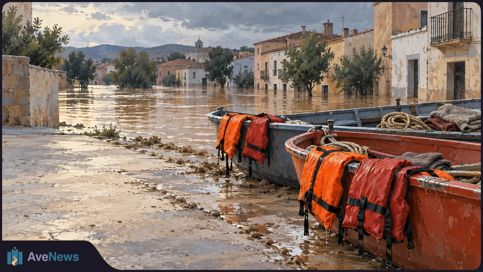 Two boats with orange life jackets sit beside a muddy, flooded street lined with buildings and trees beneath a cloudy sky. SI illustration