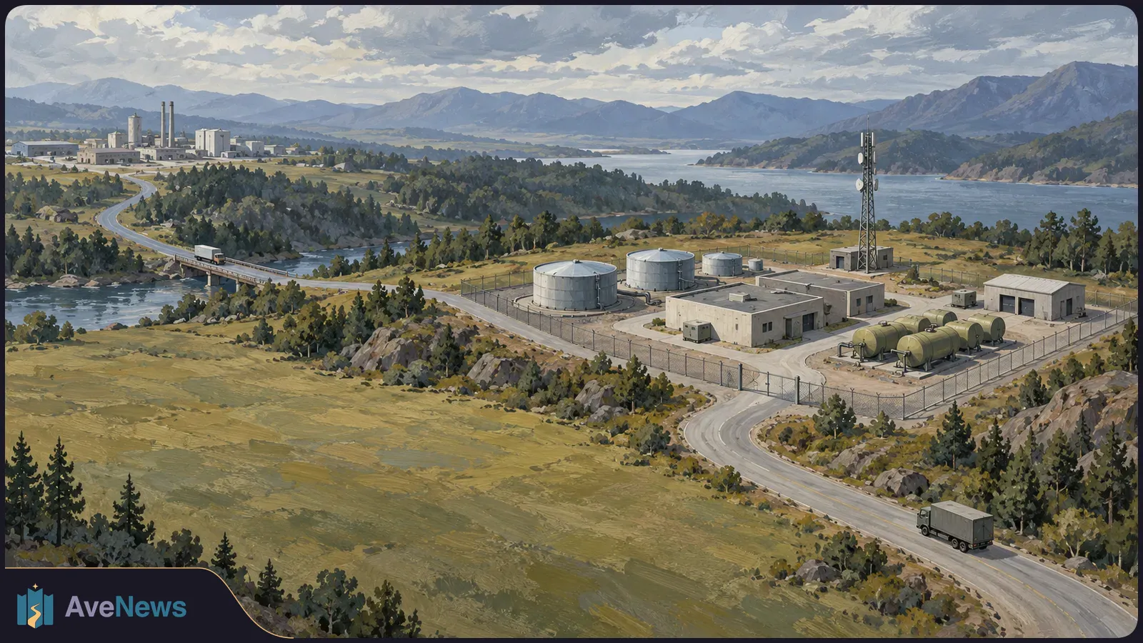 Illustration of a fenced compound with storage tanks, low buildings and a communications tower beside a winding road, lake and mountains. Two trucks travel on the roads. SI illustration