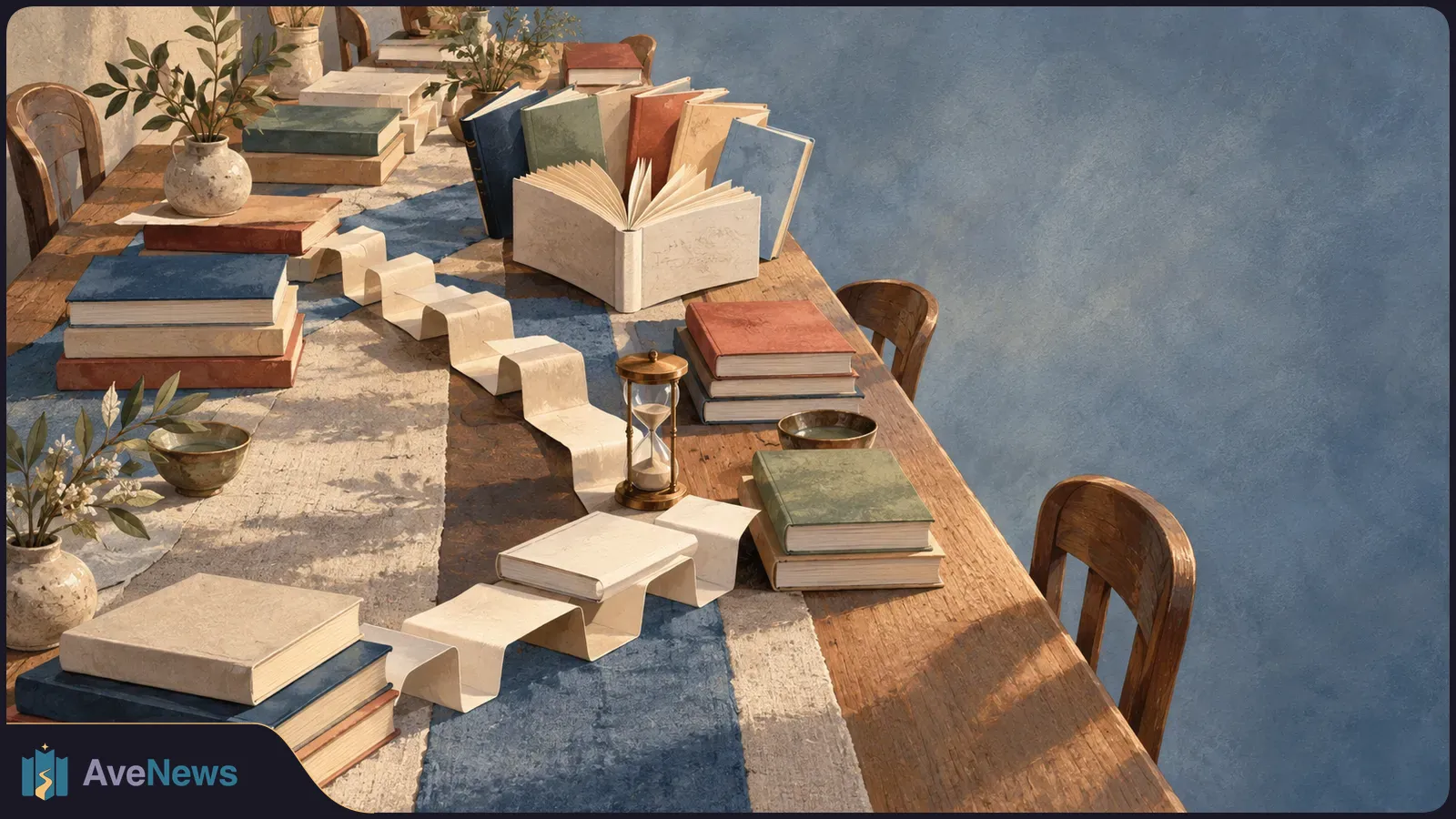 Stacks of books, an open book, an hourglass and a winding paper strip cover a long wooden table, with chairs and potted plants around it. SI illustration