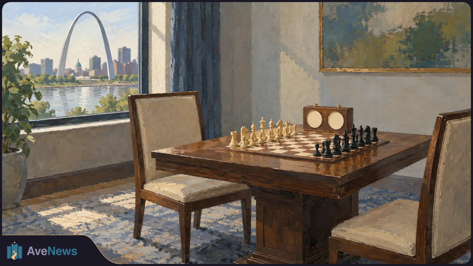 Painted chessboard with pieces and a twin-dial clock on a wooden table between two chairs. A river and large arch are visible through the window. SI illustration