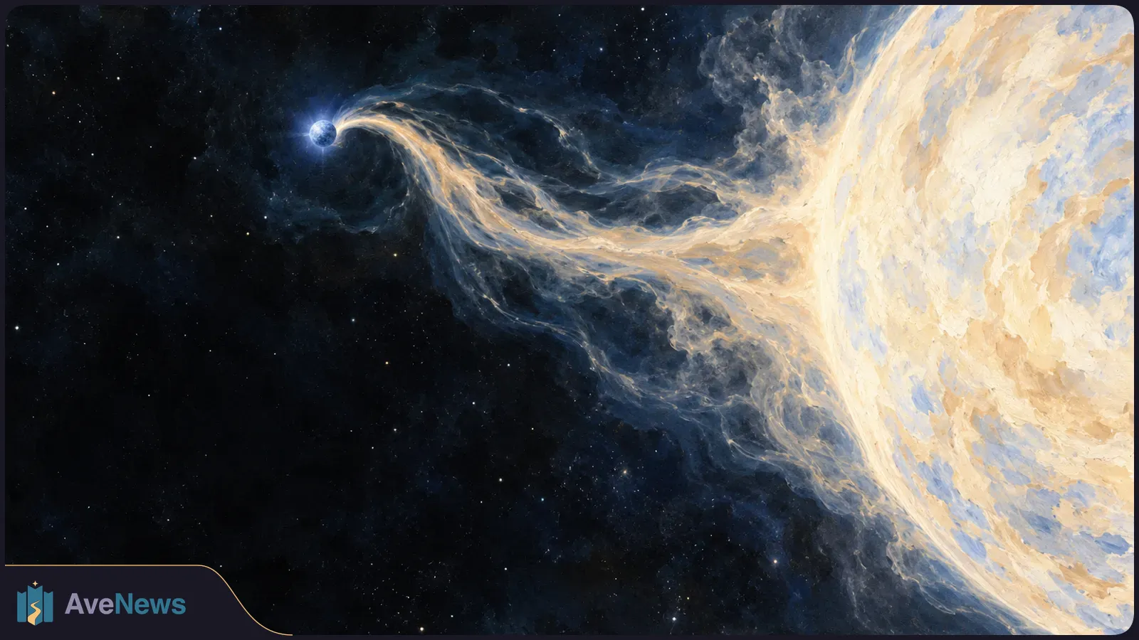 A small blue orb sits beside a huge glowing star, connected by wisps of pale gas against a dark, star-filled sky. SI illustration