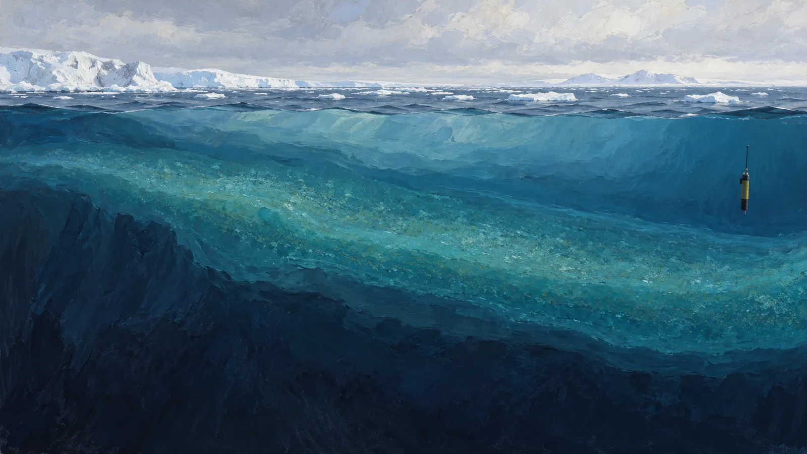 Illustration of an icy ocean in cross-section, with a broad turquoise band underwater and a small yellow instrument suspended at right. SI illustration