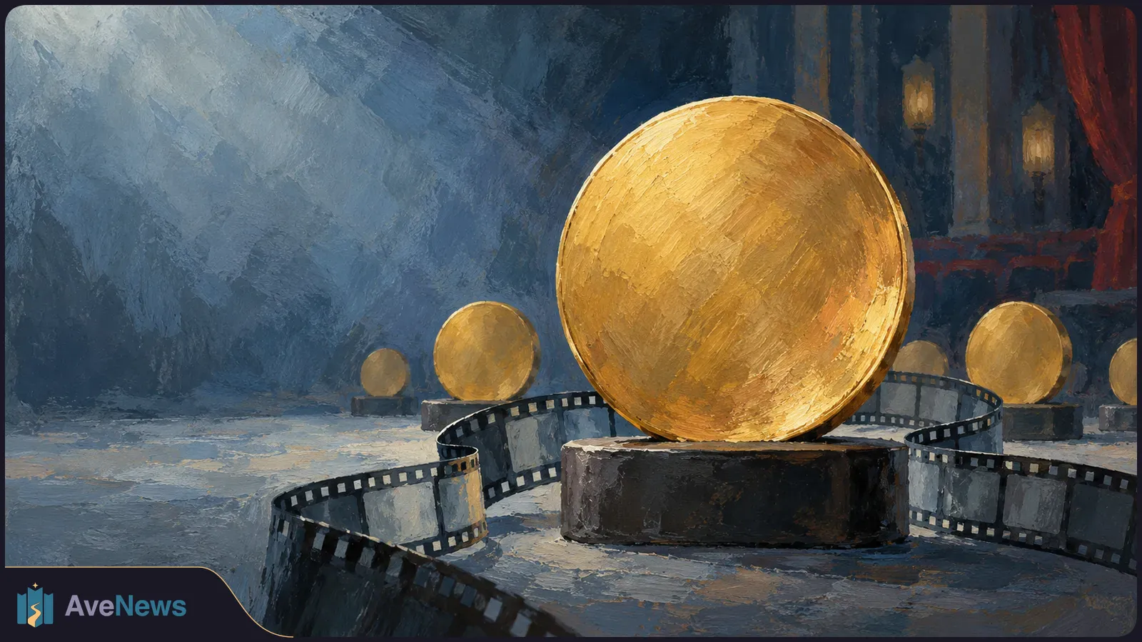 Painted golden discs on dark pedestals, with curling film strips across the foreground in a dim, blue-toned hall. SI illustration