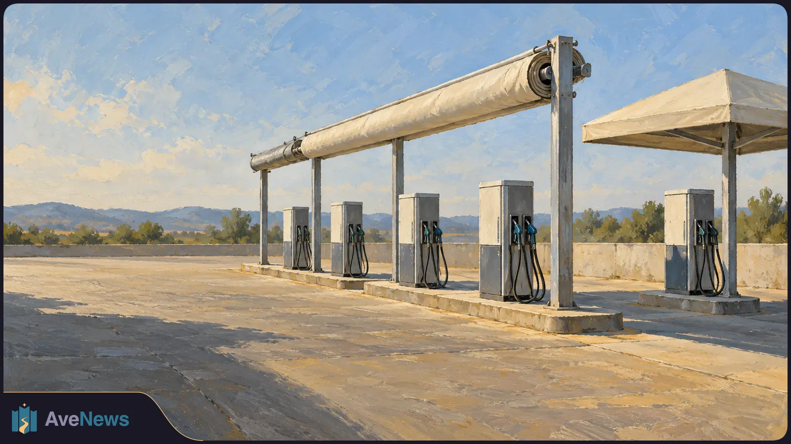 Painterly view of an empty service station with five fuel pumps beneath two pale canopies, with hills and trees in the distance. SI illustration