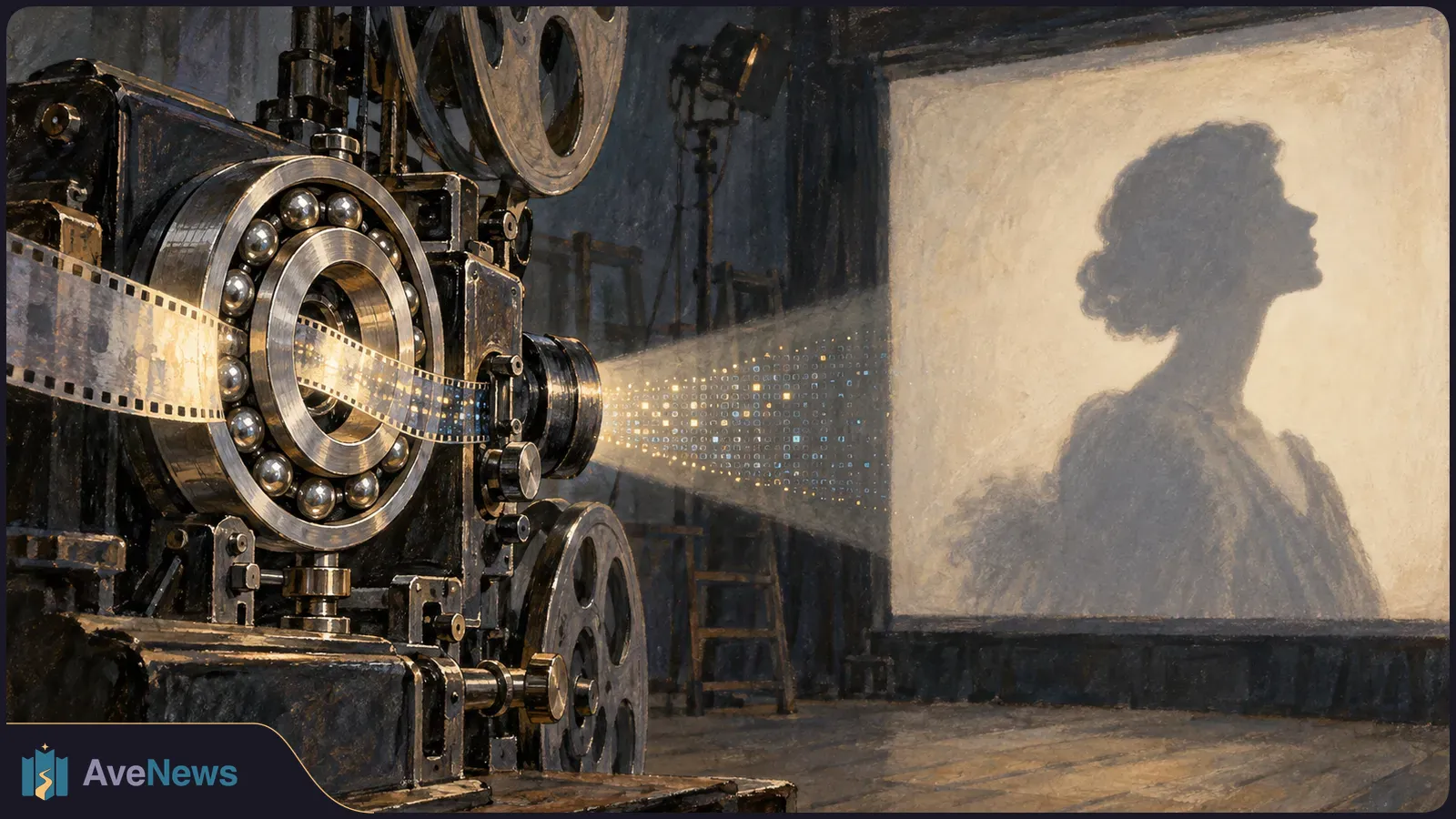 A painterly vintage film projector with a large ball bearing and filmstrip projects a woman’s profile onto a screen. SI illustration