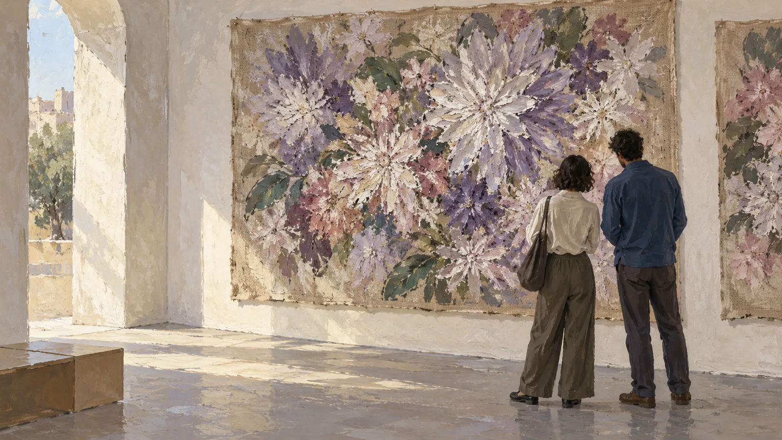 Two people viewed from behind stand before a large floral artwork in a sunlit gallery. SI illustration
