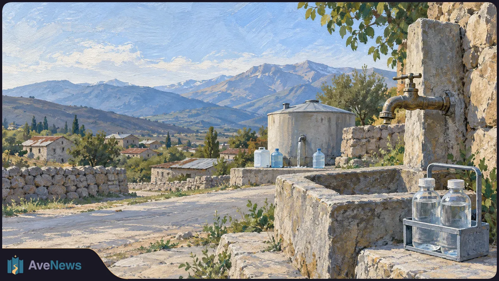 Painted mountain village with a metal tap beside a stone basin, plastic bottles, a water tank and a dirt road. SI illustration