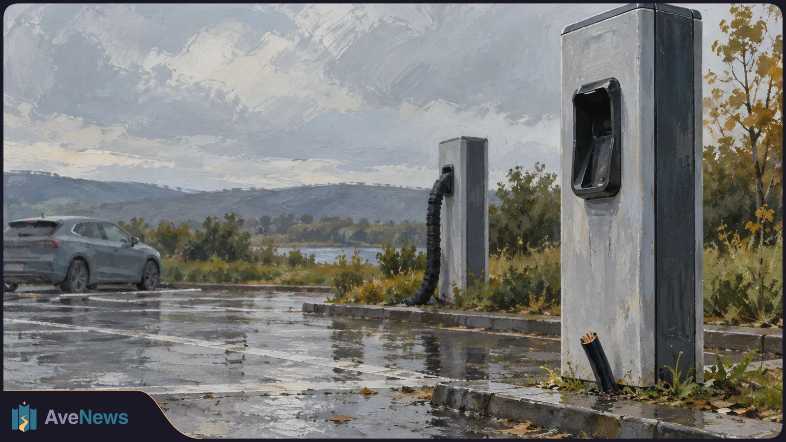 Painterly scene of a severed charging cable beside a roadside charger, with another charger and a gray car across a wet parking lot by a lake. SI illustration